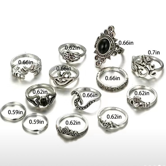 Boho Vintage Black Gemstone Geometric Ring Set 13pc - Picture 6 of 6